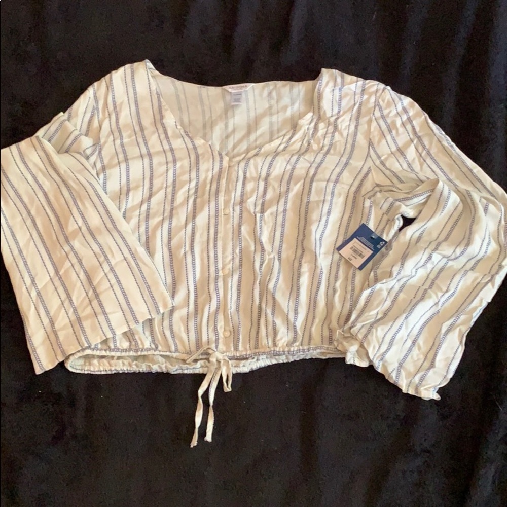 blue and white stripe bell sleeve top